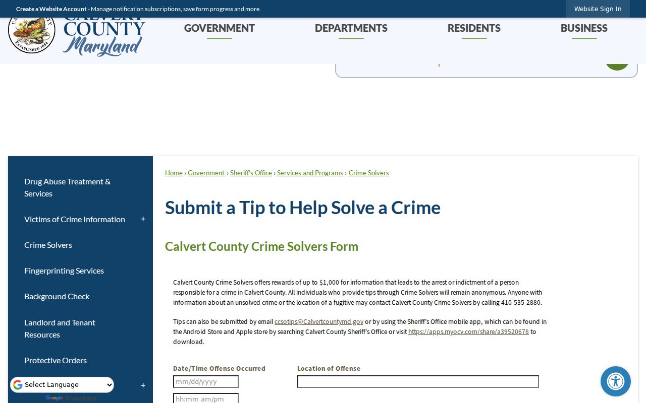 Calvert County warrant records source: Crime Solvers anonymous tip and reward banner