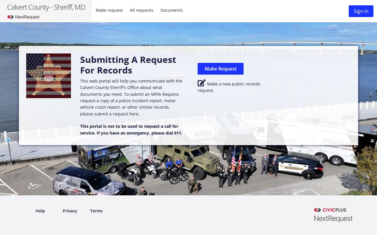 Calvert County warrant lookup source: Sheriff's public records request portal