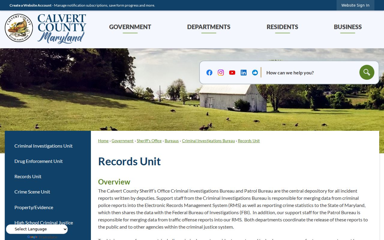 Calvert County warrant lookup source: Sheriff's Records Unit request instructions