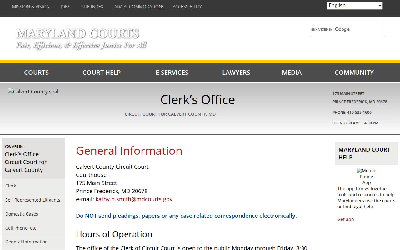 Calvert County arrest warrant search source: Circuit Court courthouse and clerk contact page