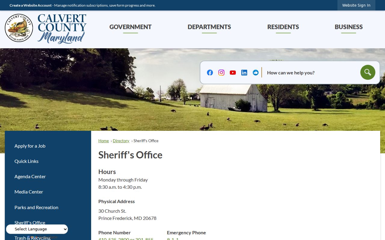 Calvert County warrant lookup source: Sheriff's Office staff directory page