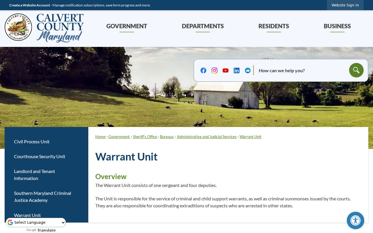 Calvert County warrant search source: official Sheriff's Warrant Unit overview and duties