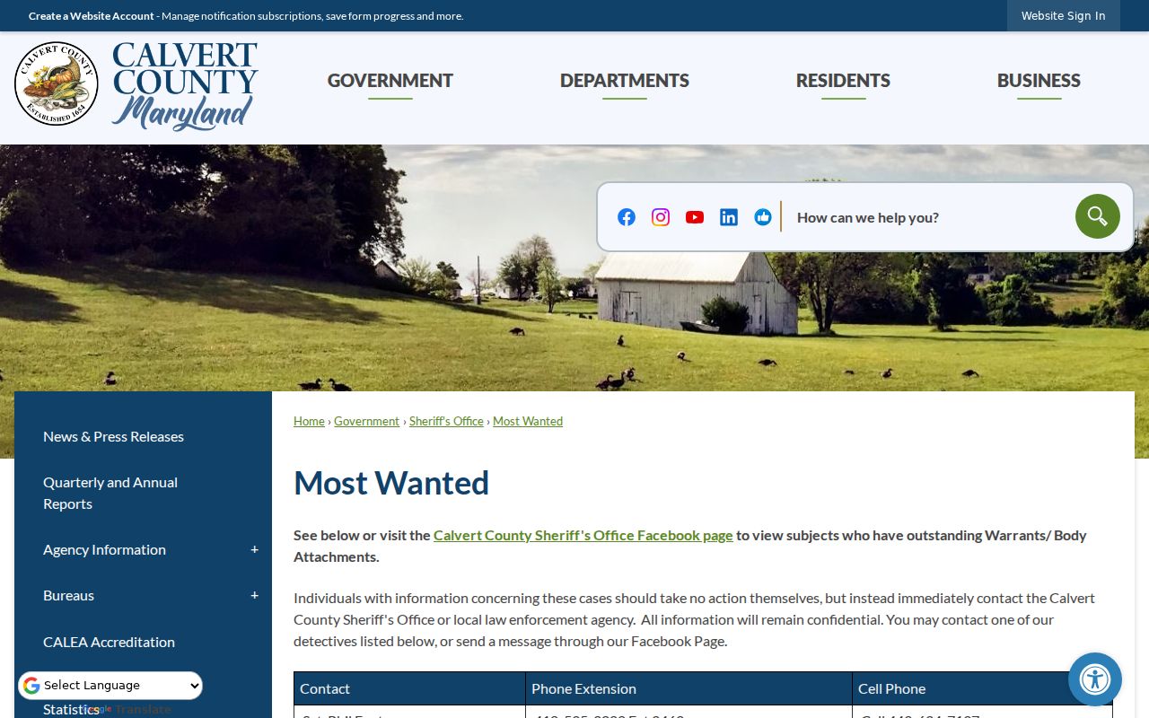 Calvert County warrant records source: Sheriff's most wanted program heading and do-not-act warning